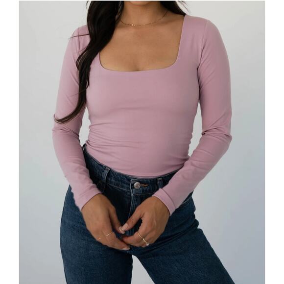 CAKES No Bra Day Top Square Neck Long Sleeve No BS Bodysuit Rose Women's Large - Picture 1 of 9